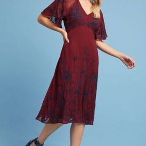 Anthropologie Maroon Butterfly Sleeve Dress with Blue Embroidery